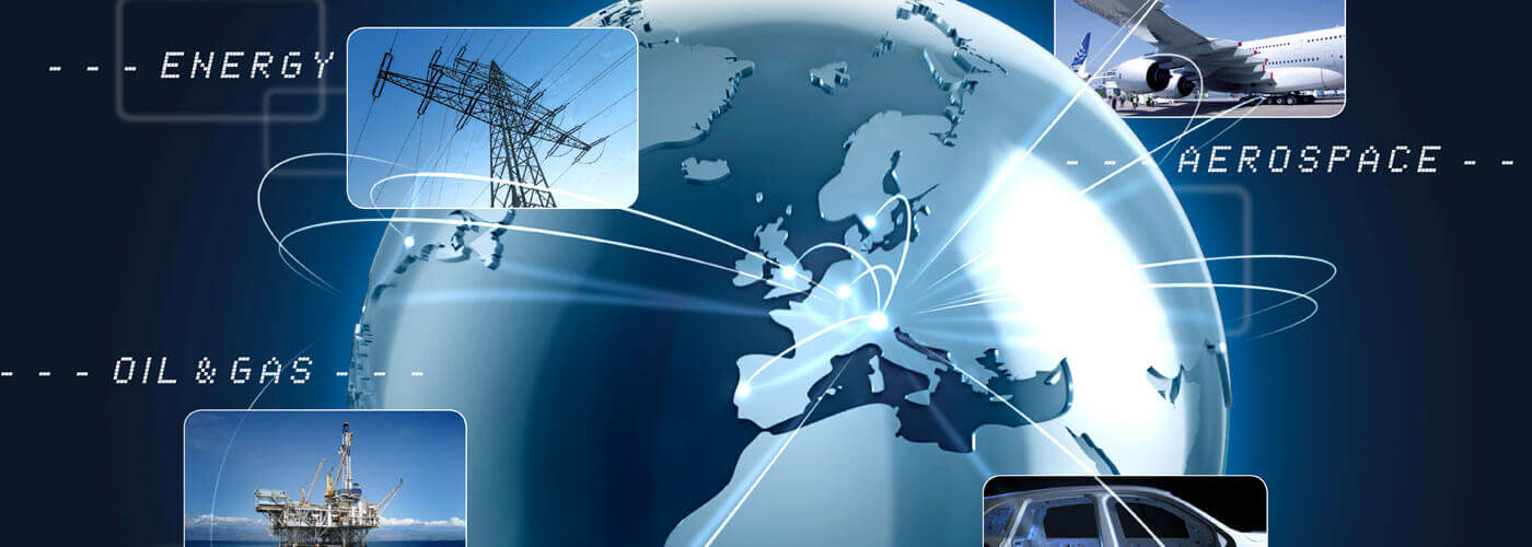 globe terrestre avec des images mettant en valeur les industries suivantes : énergie, aérospatiale, pétrole et gaz et automobile